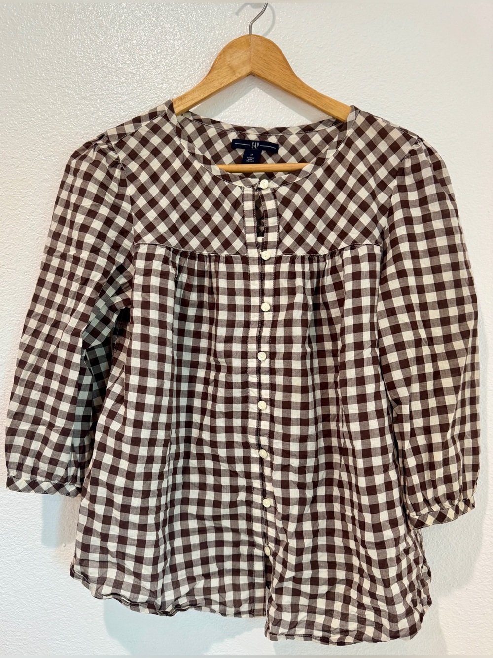 GAP Cotton Gingham Check Puff 3/4 Sleeve Blouse Brown Cottagecore Prairie Boho M